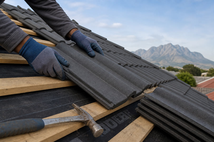 Gloved hands aligning a concrete roof tile on timber battens over underlay, Helderberg behind the pitch.