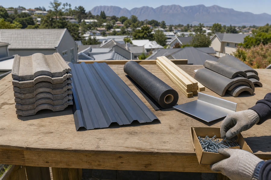Roofing materials on a workbench: concrete tiles, IBR sheet, underlay, battens, flashing and screws.