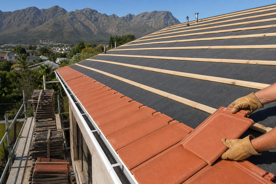 Gloved hands placing a terracotta tile onto battens over underlay during a roof replacement, scaffold stacks and Helderberg behind.